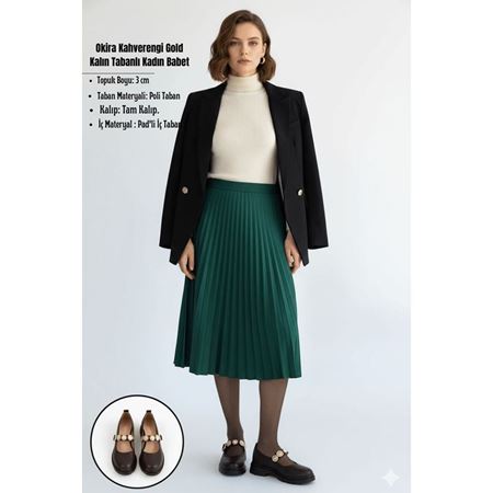 Okira Kahverengi Gold Madalyon Aksesuarlı Kalın Tabanlı Kadın Babet