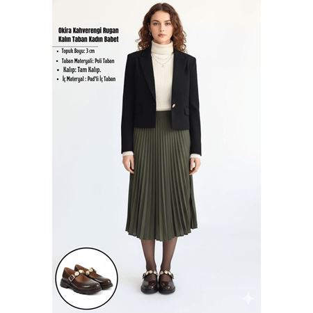 Okira Kahverengi Rugan Ortopedik Madalyonlu Kalın Taban Kadın Babet