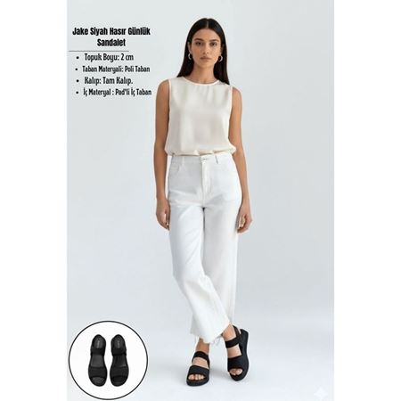 Jake Siyah Hasır Örgülü Lastikli Konforlu Günlük Sandalet