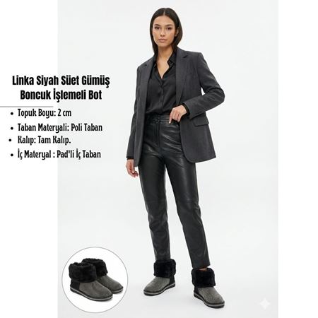 Linka Siyah Süet Gümüş Boncuk İşlemeli Bot