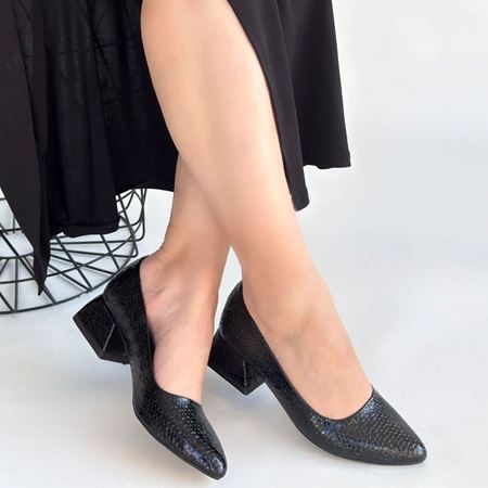 Nitya Siyah Baskılı Rugan Topuklu Ayakkabı Yan Profil ve Kısa Topuk