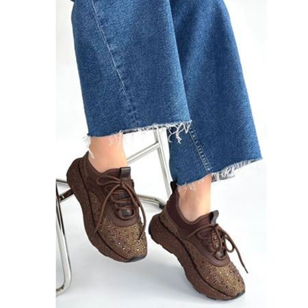 Rimay Kahverengi Cilt Boncuk İşlemeli Spor Ayakkabı