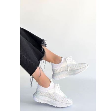 Rimay Beyaz Cilt Boncuk İşlemeli Spor Ayakkabı