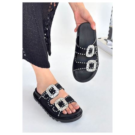 Juana Siyah Nubuk  Taşlı Terlik