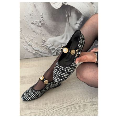 Hante Siyah Beyaz Keten Taşlı Babet Ayakkabı