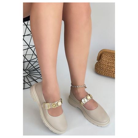 Okira Bej Gold Madalyon Aksesuarlı Kalın Tabanlı Kadın Babet