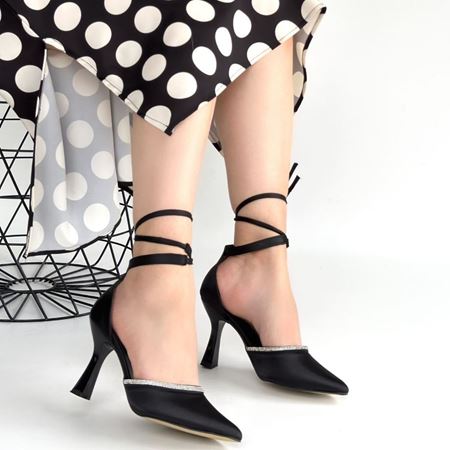 Tenja Siyah Saten Bilekten Bağcıklı Topuklu Ayakkabı