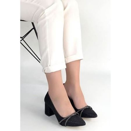 Rewin Siyah Simli Cilt Topuklu Ayakkabı