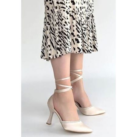 Tenja Bej Saten Bilekten Bağcıklı Topuklu Ayakkabı