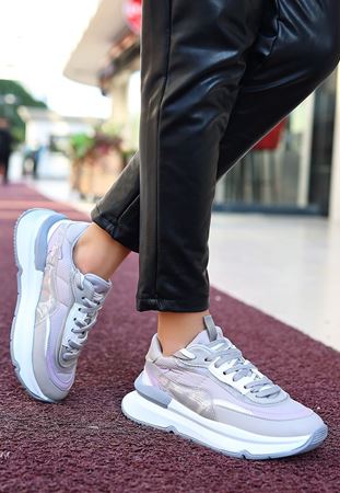 Aleh Gri Cilt Bağcıklı Spor Ayakkabı