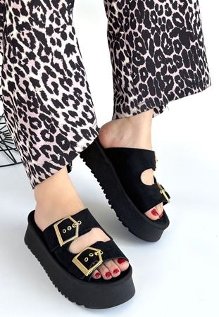 Coer Siyah Süet Çift Tokalı Terlik