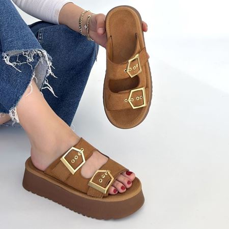 Coer Taba Süet Çift Tokalı Terlik