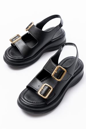Kaji Siyah Cilt Çift Tokalı Sandalet