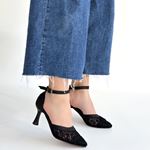 Weja Siyah Cilt Tül Detaylı Simli Topuklu Ayakkabı