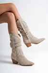 Meria Bej Süet Lazer Kesim Kovboy Topuklu Çizme